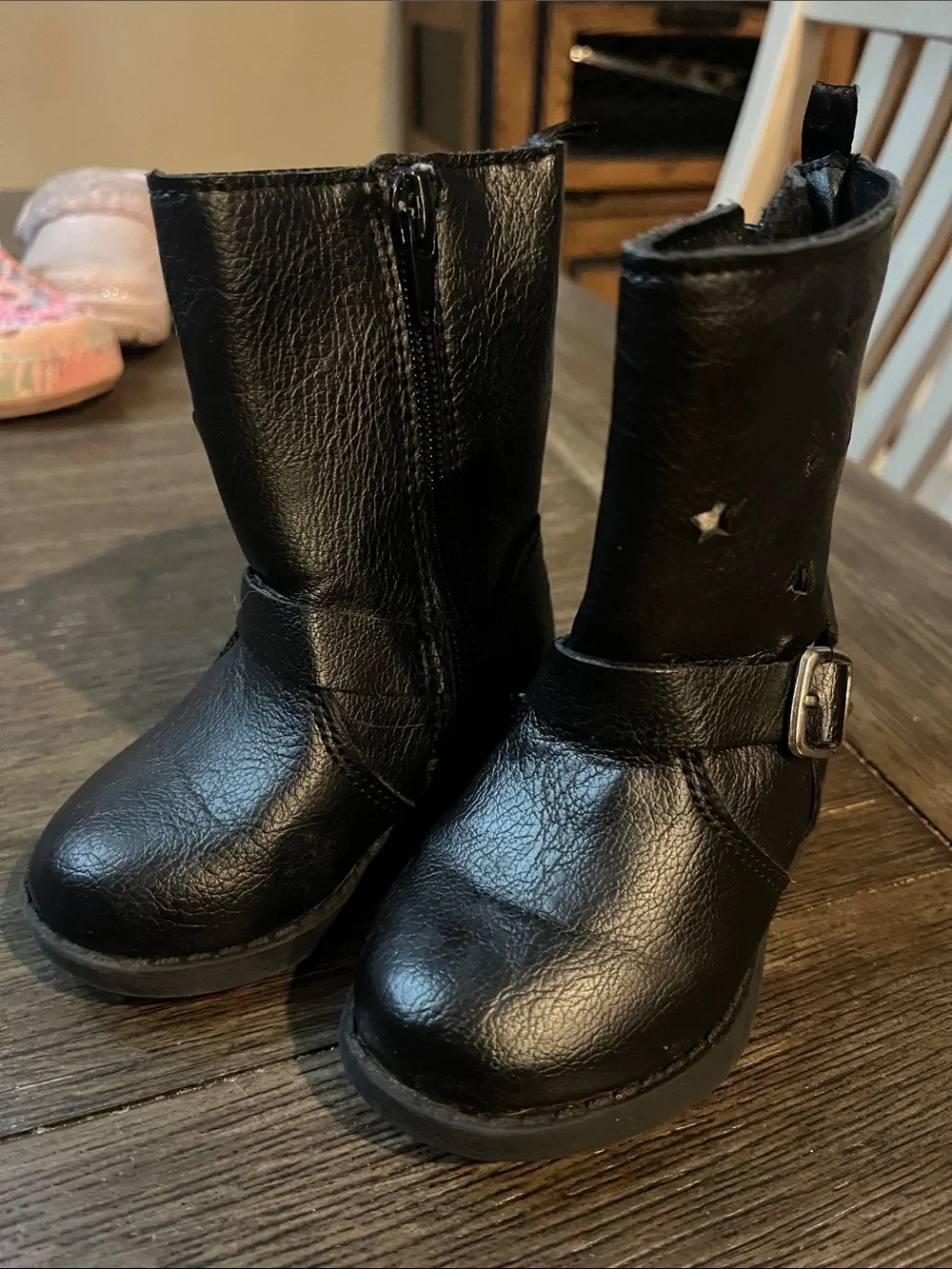 Black Kids Star Accent Buckle Ankle Boots